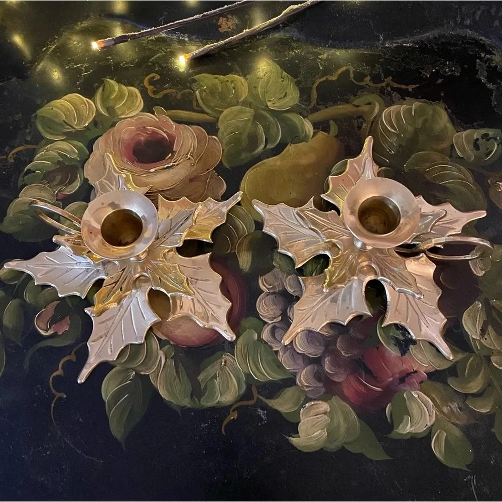 Vintage Brass Christmas Poinsettia Candle Holders 2 Set MCM Cottagecore Floral